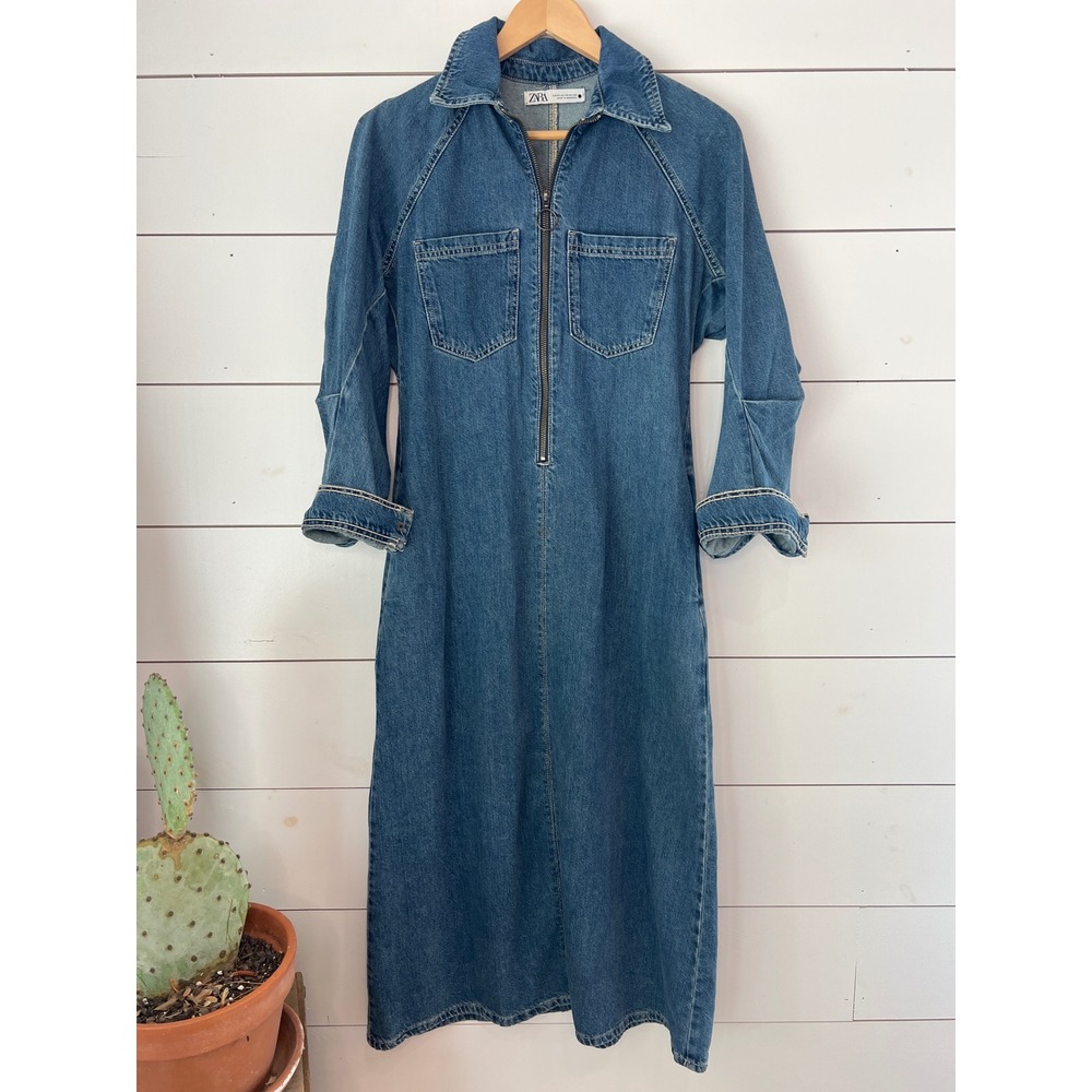 Zara Denim Midi Dress Medium Wash Blue Half Zip Utility Long Sleeve Womens XS